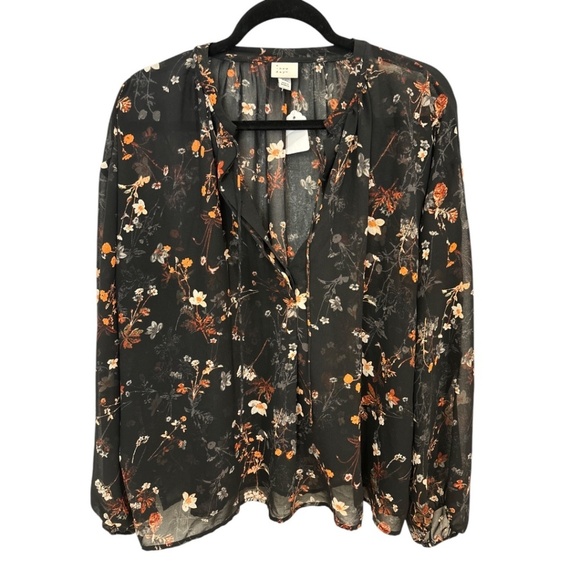 A New Day Tops - A New Day Plus Size XXL Long Sleeve Black Sheer Floral 1/4 Button Top
